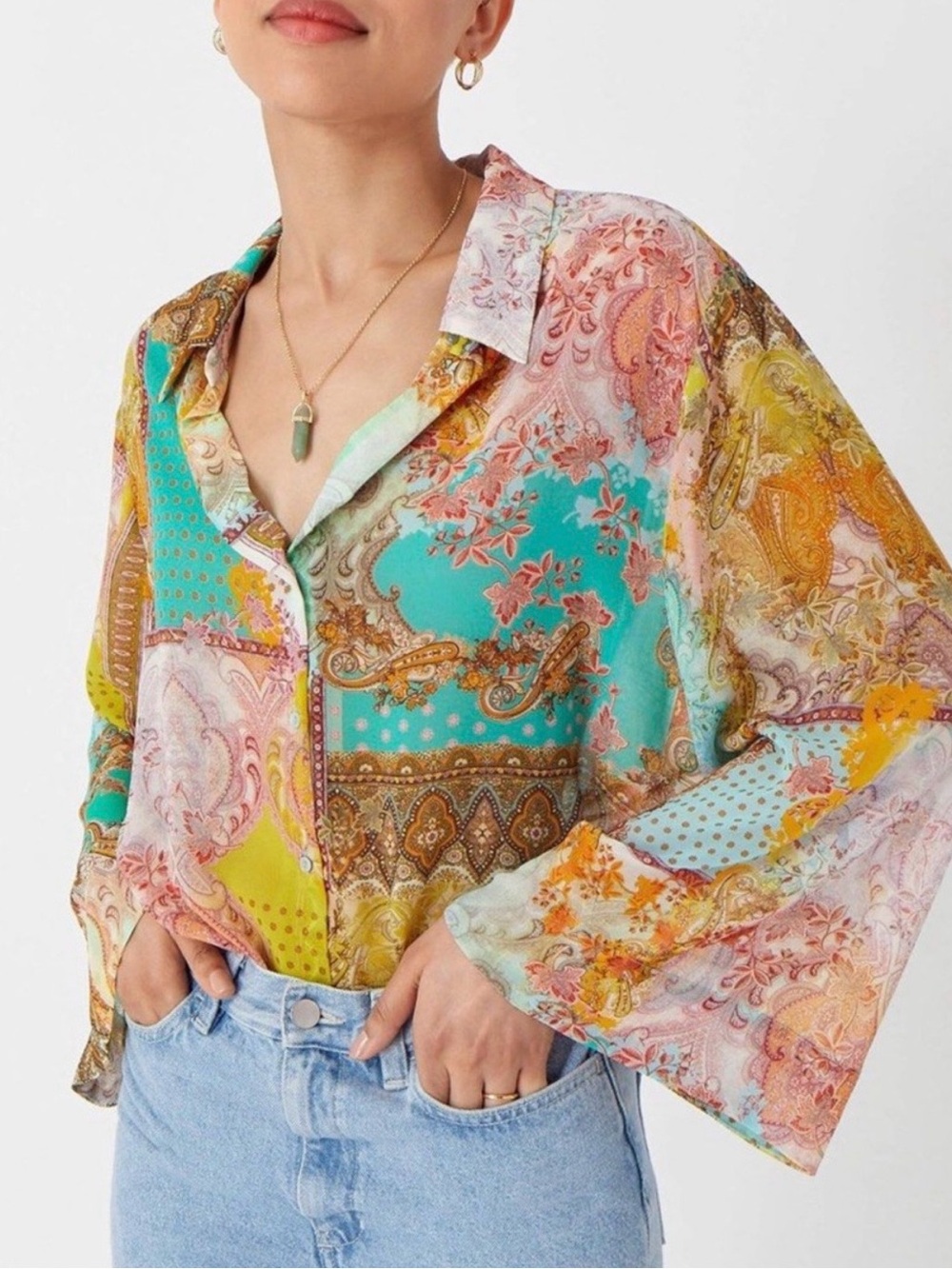 Zara Paisley Print Blouse, button front 3/4 Sleeves Size Small